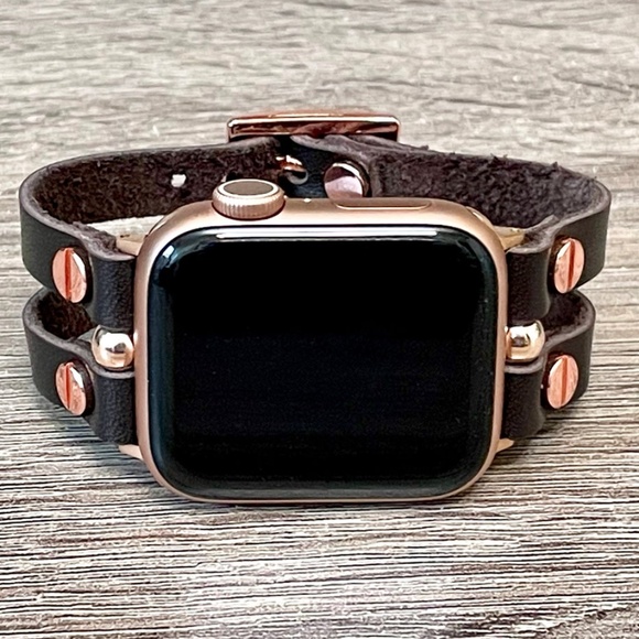 Double Strap Dark Brown Leather Apple Watch Series 7 RoseGold Jewelry Bracelet